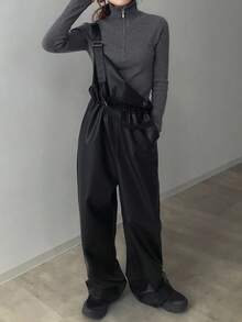 FRIFUL Women's Solid Black PU Strap Straight Waist Drawstring Loose Casual Jumpsuit, Versatile For Airport Travel, Autumn - Black - View 3