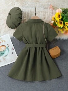 SHEIN Elladie kids 少女風襟翻設計腰帶襯衫裙和裝飾帽（不含包包）