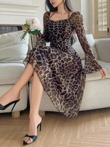 DAZY 优雅豹纹单肩喇叭袖连衣裙，女士秋季连衣裙 - 咖啡棕 - 查看 6