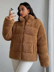 SHEIN Tall Women Fluffy Detailed Padded Coat Teddy Jacket Fur Jacket Brown Jacket Faux Fur Jacket