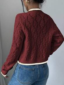 Chiquease Pullover Rajut Lengan Panjang Bertekstur Berlian Serbaguna Gaya Kasual Prancis untuk Musim Gugur dan Musim Dingin untuk Wanita - Burgundy - View 3