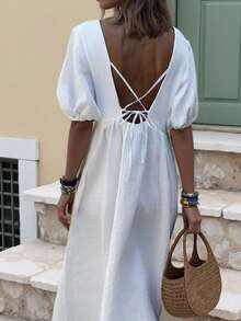 INAWLY 女士时尚休闲度假露背简约短袖连衣裙 - 白色 - 查看 1
