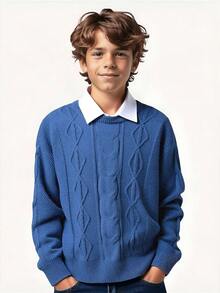 SHEIN 青少年男童休闲日常百搭舒适宽松高领套头毛衣 - 藍色 - 查看 1