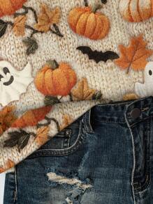 EMERY ROSE Halloween Casual Minimalist Pumpkin & Ghost Allover Print Plus Size Women Crew Neck Off Shoulder Loose Sweatshirt, Autumn/Winter, Halloween Costume Fall - Multicolor - View 5