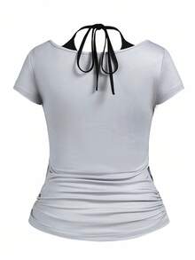 Glamance BiGraphic Grey, Contrast Color, Patchwork, Portrait, Punk, Dark, Y2K, Casual, Streetwear, Women's Halter Crop Top, Suitable For Summer, Autumn, Vacation, Gathering, Party, Daily Wear Graphic Tees Women Women Tops Graphic T-Shirt Short Sleeve T-Shirt Sexy Top Stylish Clothing Collection New Year Outfits