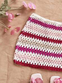 Soleia 女士度假风格红色渐变彩虹条纹紧身迷你裙，适合婚礼季节、海滩、音乐节、夏季波西米亚风钩针编织 - 彩色 - 查看 3