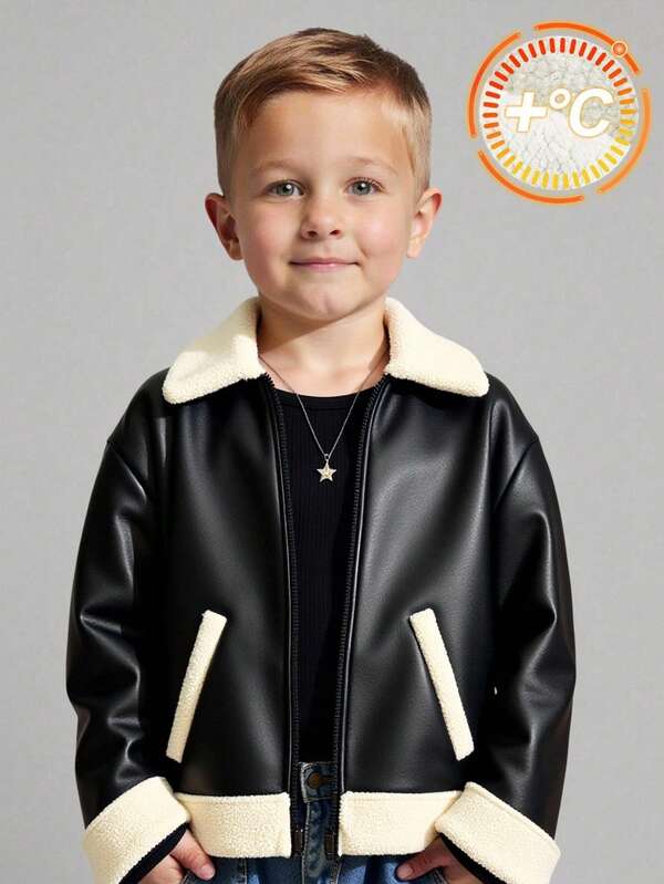 SHEIN Young Boys' Color Block PU Leather Blend Thermal Lined Motorcycle Jacket With Turndown Collar, Suitable For Autumn/Winter, Daily Wear Faux Leather Jacket Kids Boys Winter Jacket Boys Black Leather Jacket Kids Bomber Jacket Fall