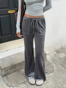 SHEIN Unity Quần nhung ống loe lưng thấp, co giãn, có dây rút, thường ngày - Xám - Xem 1