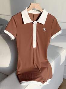 Comfortcana 女式休闲棕色拼色紧身连体裤 - 棕色 - 查看 6