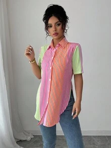 SHEIN LUNE 女士夏季条纹短袖单排扣休闲衬衫 - 彩色 - 查看 3