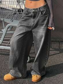 Strévra Vintage Loose Street Washed Distressed Wide-Leg Women Baggy Jeans - Blue - View 3