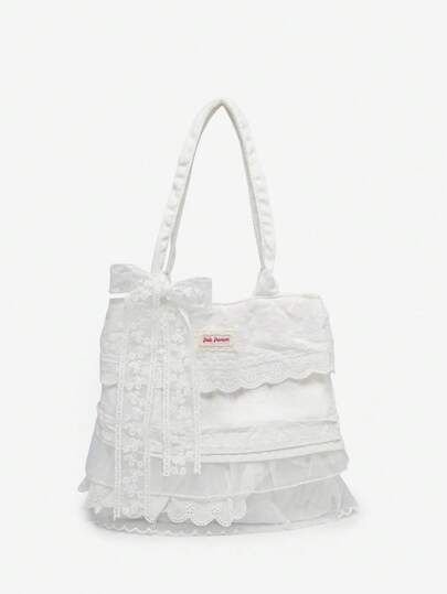 Kawaii Borsa a tracolla da donna in stile retrò da vacanza, in rete con volant e fiocco, grande capacità, borsa con fiocco carina per donne, colore bianco