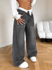 SHEIN PETITE Damen lockere Jeans mit weitem Bein, tiefer Bund, grauer Denim, baggy Vintage Mom Jeans für Sommer Streetwear Schule Schulanfang, Cowgirl Winterhose, für zierliche Frauen - Dunkelgrau - Übersicht 5