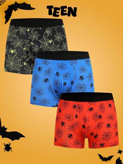 3件套蜘蛛和蜘蛛网印花趣味舒适撞色青少年平角内裤