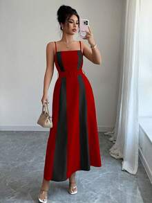 Elenzga Damen Farbblock A-Linie Knopf Dekor elegantes Lässig Büro/Urlaubs Träger Midi Kleid, geeignet für den Unabhängigkeitstag, die Abschlusszeit, Kunstleinen