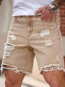 Manfinity LEGND 男式修身直筒卡其色牛仔短裤 - 卡其色 - 查看 6