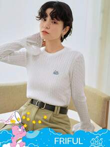 SHEIN X Care Bears FRIFUL 女式圆领喇叭袖撞色蕾丝紧身毛衣，正面有字母刺绣 - 白色 - 查看 6