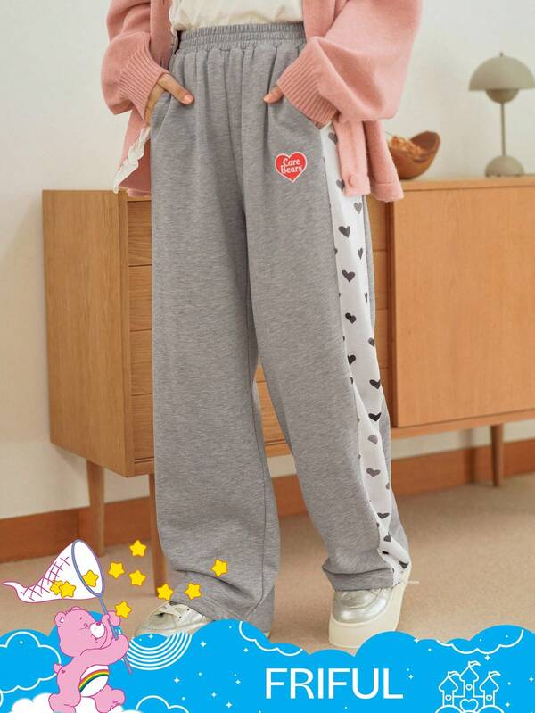 SHEIN X Care Bears FRIFUL Women's Casual Fashion Elastic Waist Patchwork Heart & Letter Print Loose Wide Leg Pants
