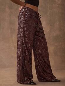 SHEIN BAE 女士时尚派对系带宽松亮片长裤