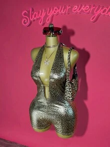 Slaydiva Hàng mới về mùa hè 2025, Thích hợp cho tiệc sinh nhật, Trở lại trường, Phong cách trường học, Trang phục hàng ngày, Thường ngày, Kỳ nghỉ, Du lịch du thuyền, Bãi biển, Tắm nắng, Mặt hàng lan truyền, Trang phục đường phố, Câu lạc bộ gợi cảm, Cổ chữ V sâu, Dây buộc cổ, Hở lưng gợi cảm, Vải in hình da báo phủ vàng, Bộ đồ liền thân bó sát dành cho nữ - Vàng - Xem 1