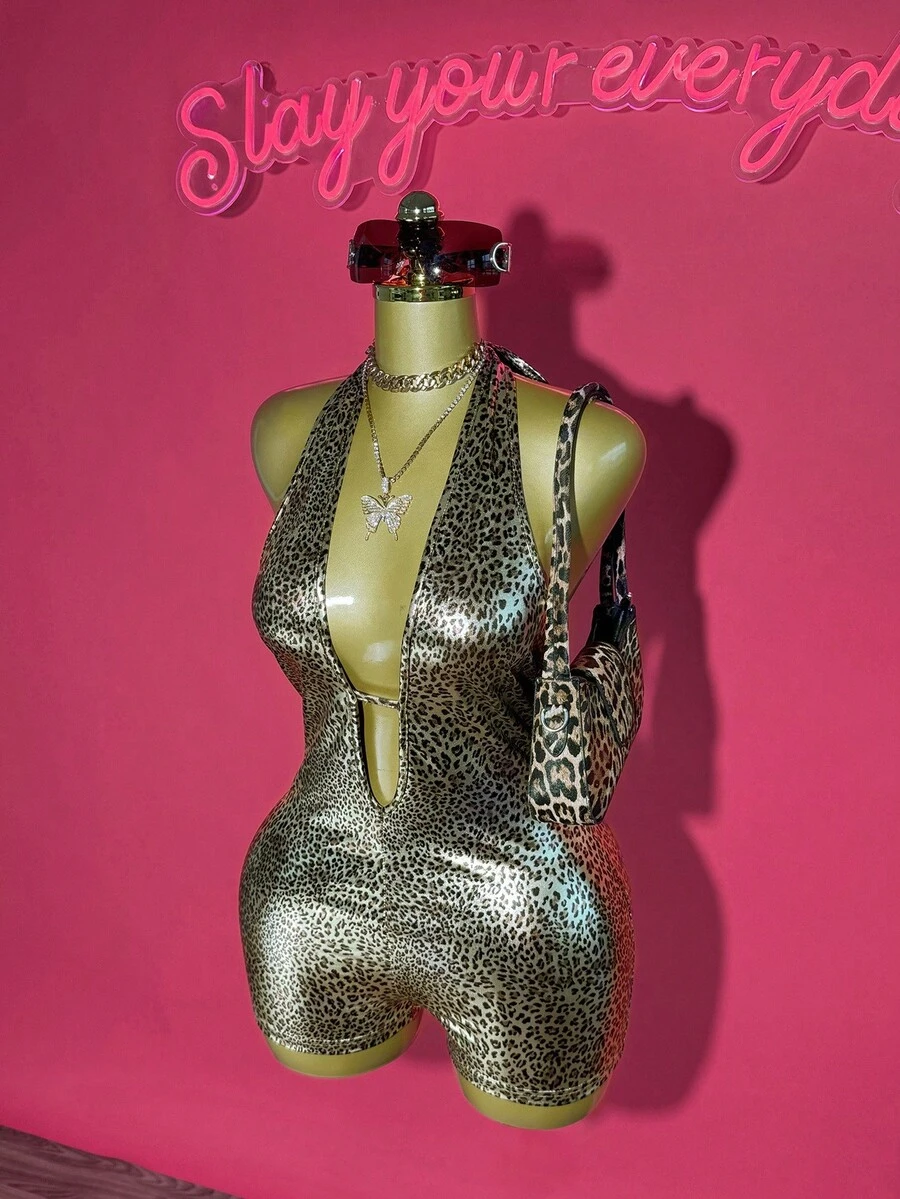 Slaydiva Hàng mới về mùa hè 2025, Thích hợp cho tiệc sinh nhật, Trở lại trường, Phong cách trường học, Trang phục hàng ngày, Thường ngày, Kỳ nghỉ, Du lịch du thuyền, Bãi biển, Tắm nắng, Mặt hàng lan truyền, Trang phục đường phố, Câu lạc bộ gợi cảm, Cổ chữ V sâu, Dây buộc cổ, Hở lưng gợi cảm, Vải in hình da báo phủ vàng, Bộ đồ liền thân bó sát dành cho nữ - Vàng - Xem 1