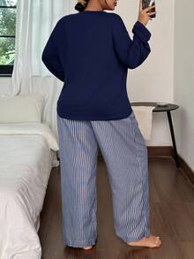 SHEIN 2pcs Women Plus Size Letter Embroidered Knit Crew Neck Long Sleeve Top And Woven Striped Pants Pajama Set Lounge Wear Set Pajama Set Pajama Set, Fall Winter Clothes, Cozy Outfits - Navy Blue - View 2