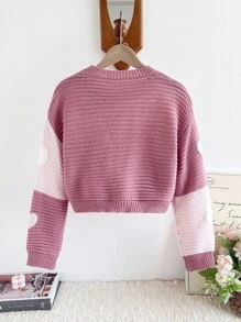 SHEIN Suéter corto de cuello redondo con contraste de corazones en rosa y blanco, estilo lindo y juguetón, versátil y grueso, adecuado para uso diario casual, escuela, salidas y talla grande, para niñas - Multicolor - Ver 2