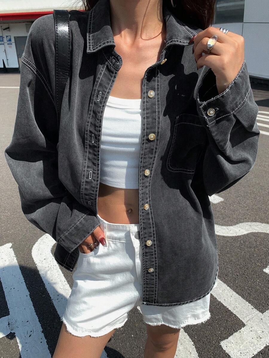 DAZY 浅色水洗牛仔衬衫，有领，有口袋，宽松长袖，春夏秋 - 深灰色 - 查看 1