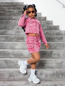 SHEIN 2 件套 Tween 女童 Y2k 水洗卡其色牛仔翻领长袖短款夹克和牛仔迷你工装裙套装，适合女童街头装和日常穿着 - 粉色 - 查看 6