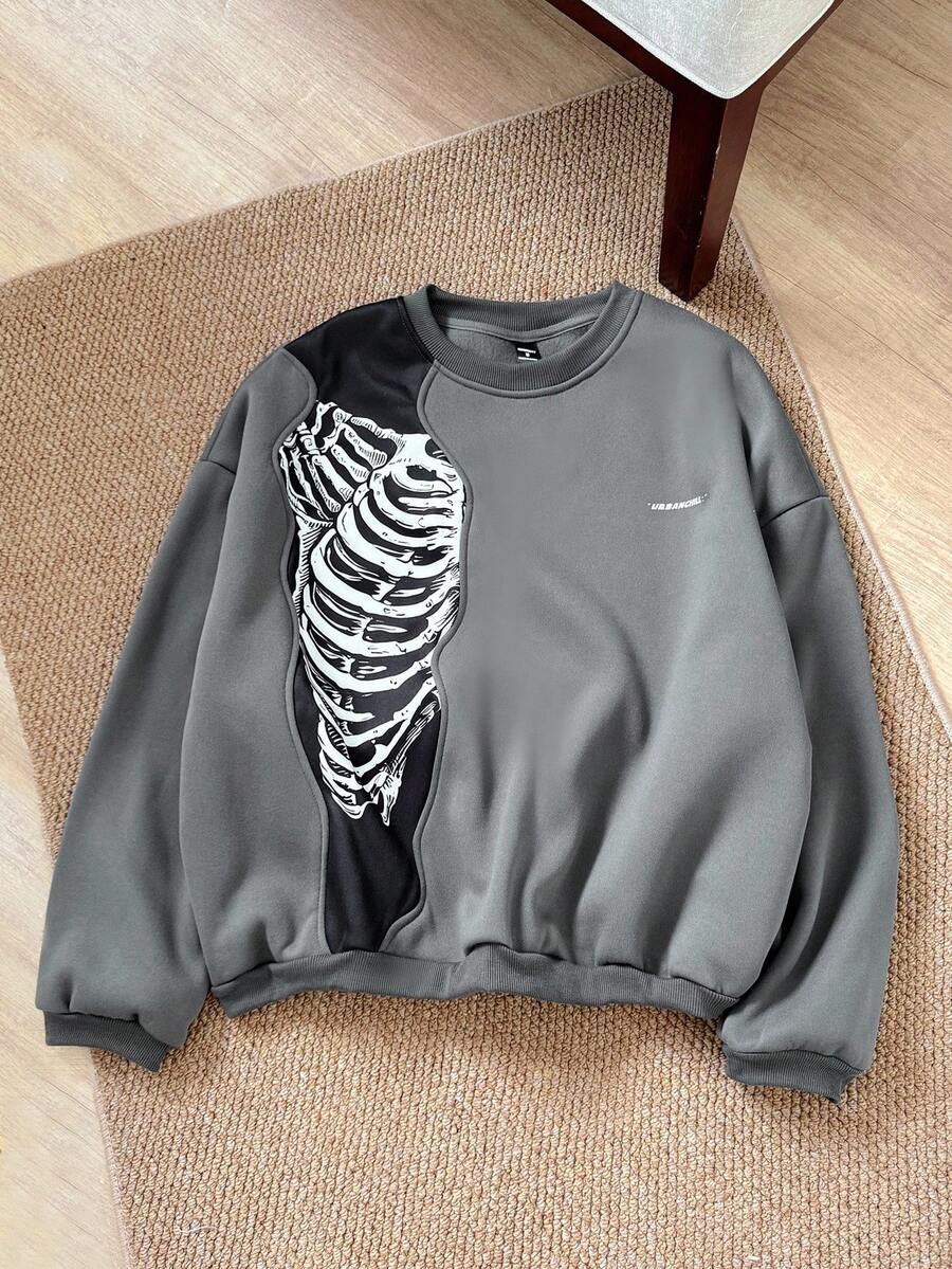 SWAVVY Men's Knit Casual Long Sleeve Sweatshirt, Patchwork Design, Loose Fit, Versatile For Daily Wear, For Fall, Winter - Dark Grey - View 1