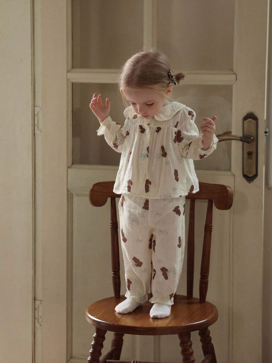 Vintaside Kids 女婴熊印花彼得潘领T恤和裤子 - 杏色 - 查看 1