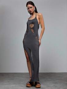 TypaGal 女士纯色破洞开衩至大腿露背罩衫 - 灰色 - 查看 3