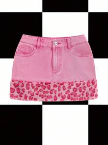 Y2Kool Marina Oliveira Minifalda casual de mujer con parches de mezclilla lavada en rosa, piel sintética y estampado de leopardo en estilo Y2K, adecuada para otoño/invierno, vacaciones, fiestas y uso diario. Idea de combinación: falda de mezclilla rosa, estampado de guepardo rosa, estampado de leopardo rosa. Colección de ropa de estilo nueva para Año Nuevo