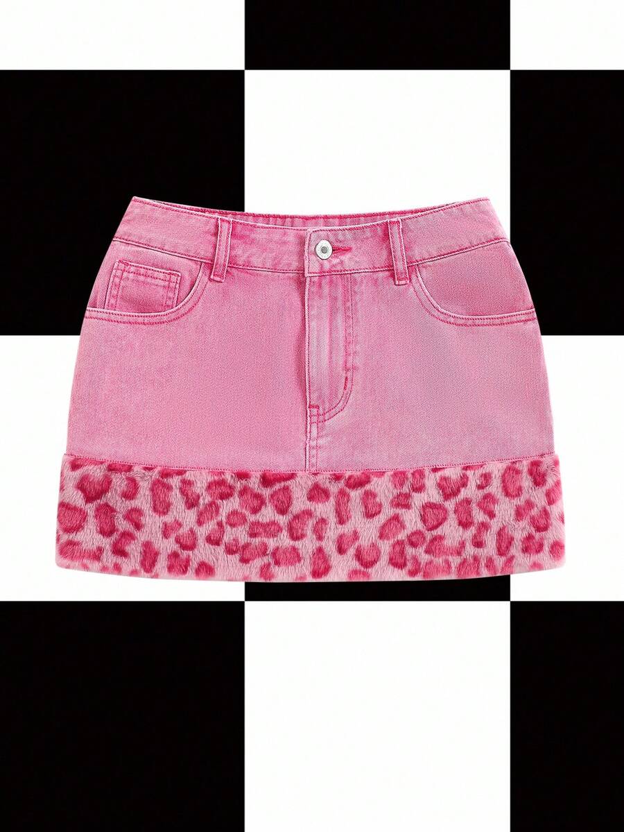 Y2Kool Marina Oliveira Minifalda casual de mujer con parches de mezclilla lavada en rosa, piel sintética y estampado de leopardo en estilo Y2K, adecuada para otoño/invierno, vacaciones, fiestas y uso diario. Idea de combinación: falda de mezclilla rosa, estampado de guepardo rosa, estampado de leopardo rosa. Colección de ropa de estilo nueva para Año Nuevo