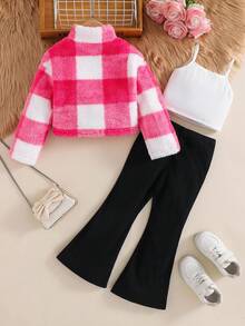 SHEIN 3pcs Set: Knitted Plaid Short Jacket, Solid Color Knitted Camisole, And Flared Pants Fall Winter - Pink - View 2