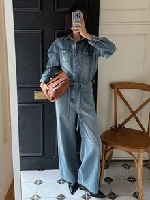 DAZY Chemise à manches longues avec col et boutons pour femmes et pantalon droit avec décoration de ceinture, tenue en jean décontractée