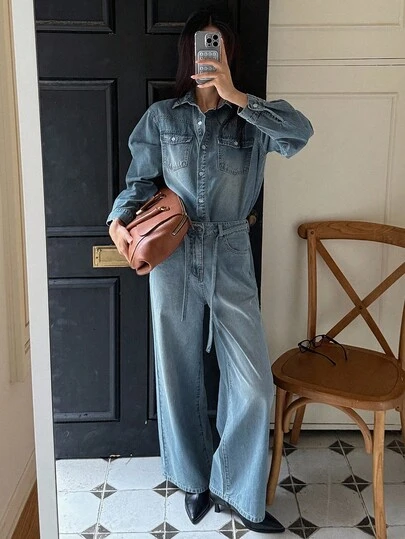 DAZY Women's Collared Button-Up Long Sleeve Shirt And Straight Leg Pants With Belt Decor, Casual Denim Outfit