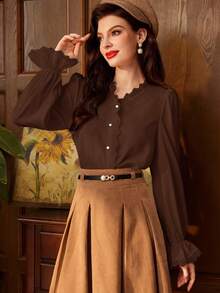 Vintamour Vintage elegantes Damen Hemd mit Kontrast-Spitze, V-Ausschnitt, lange weite Ärmel, Rüschensaum und exquisite Kunstperlenknöpfe, perfekt für Arbeit, Rückkehr zur Schule, Herbst Damen Blusen, Herbst Tops, Herbst Lehrerin, Winter Damen Vintage Weißes Langarmhemd, Knopfleiste Langarmbluse, Langarm Top, Langarm Bluse - Braun - Übersicht 4