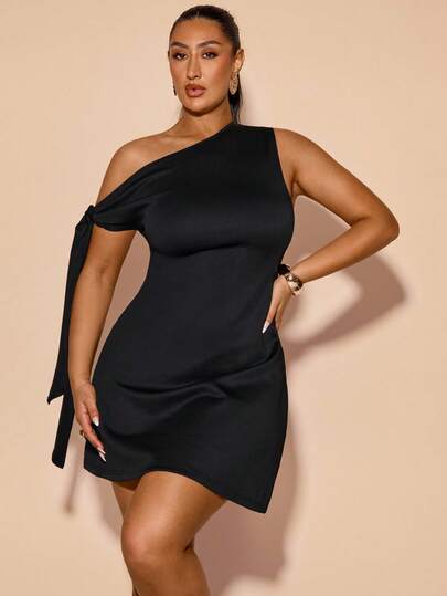 SHEIN BAE Vestido elegante de línea A con cuello asimétrico y lazo para mujer de talla grande, para graduación