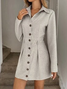 Easowa 前扣长袖休闲宽松通勤复古风格女式短款连衣裙 - 杏色 - 查看 6