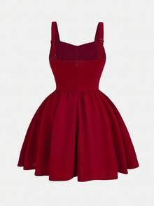 Girlism 少女纯色无袖束腰连衣裙，优雅适合派对穿着 - 紅色 - 查看 2