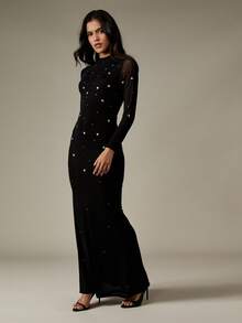 MISSGUIDED Rochie de seară elegantă, cu mânecă lungă, decolteu scurt, cu cristale, tip sirenă, mulată, cu mâneci transparente din plasă și accente strălucitoare, pentru balul de iarnă, balul de absolvire, invitata la nuntă