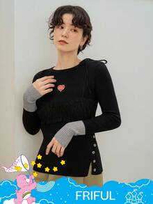 FRIFUL SHEIN X Care Bears 女款圓領修身緊身毛衣，愛心與字母刺繡，對比色袖口拼接，校園度假風 - 藏蓝色 - 查看 7