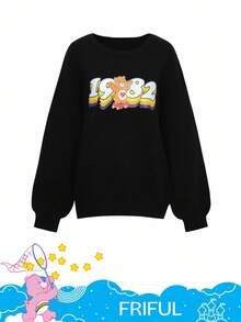 FRIFUL SHEIN X Care Bears Women's Loose Fit Crew Neck Cartoon Pattern Thermal Lined Thick Sweater - Black - View 13