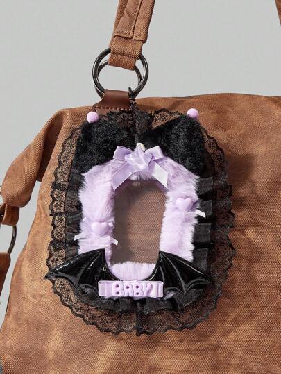 Anime Bolso con dije de encaje negro con orejas de gato, moño, alas, estrella y corazón de color contrastante, estilo casual anime de uso múltiple (tarjeta de identificación, foto)