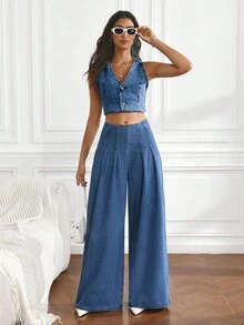 SHEIN Tall 女式高腰褶皱阔腿宽松休闲百搭牛仔裤 - 藍色 - 查看 5