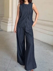 DAZY 女士夏季无袖背心和宽松褶皱喇叭下摆裤休闲两件套牛仔套装 - 深色水洗藍 - 查看 1