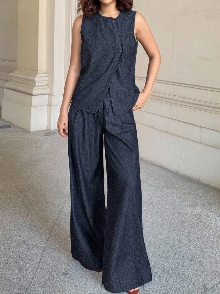 Women's Summer Sleeveless Vest And Loose Pleated Flared Hem Pants Casual 2 Pieces Denim Suit