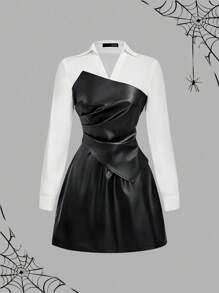 SHEIN MOD Women's Long Sleeve PU Colorblock Mini Ruffle Fashion Short Dress, Black And White Dress Women, Faux Leather Dress, Collared Dress,Halloween Clothes Women,Goth,2 In 1, Long Sleeve - Black and White - View 5
