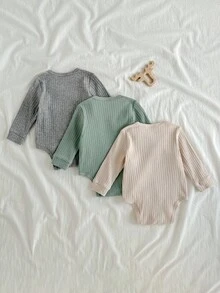 Loomiva 3pcs/Set Newborn Baby Solid Color V-Neck Ribbed Long Sleeve Bodysuit Baby Knitwear Baby Sweater Bodysuit Neutral Baby Clothes Unisex Baby Neutral Color Clothes Newborn Baby Bodysuit Fall Winter
